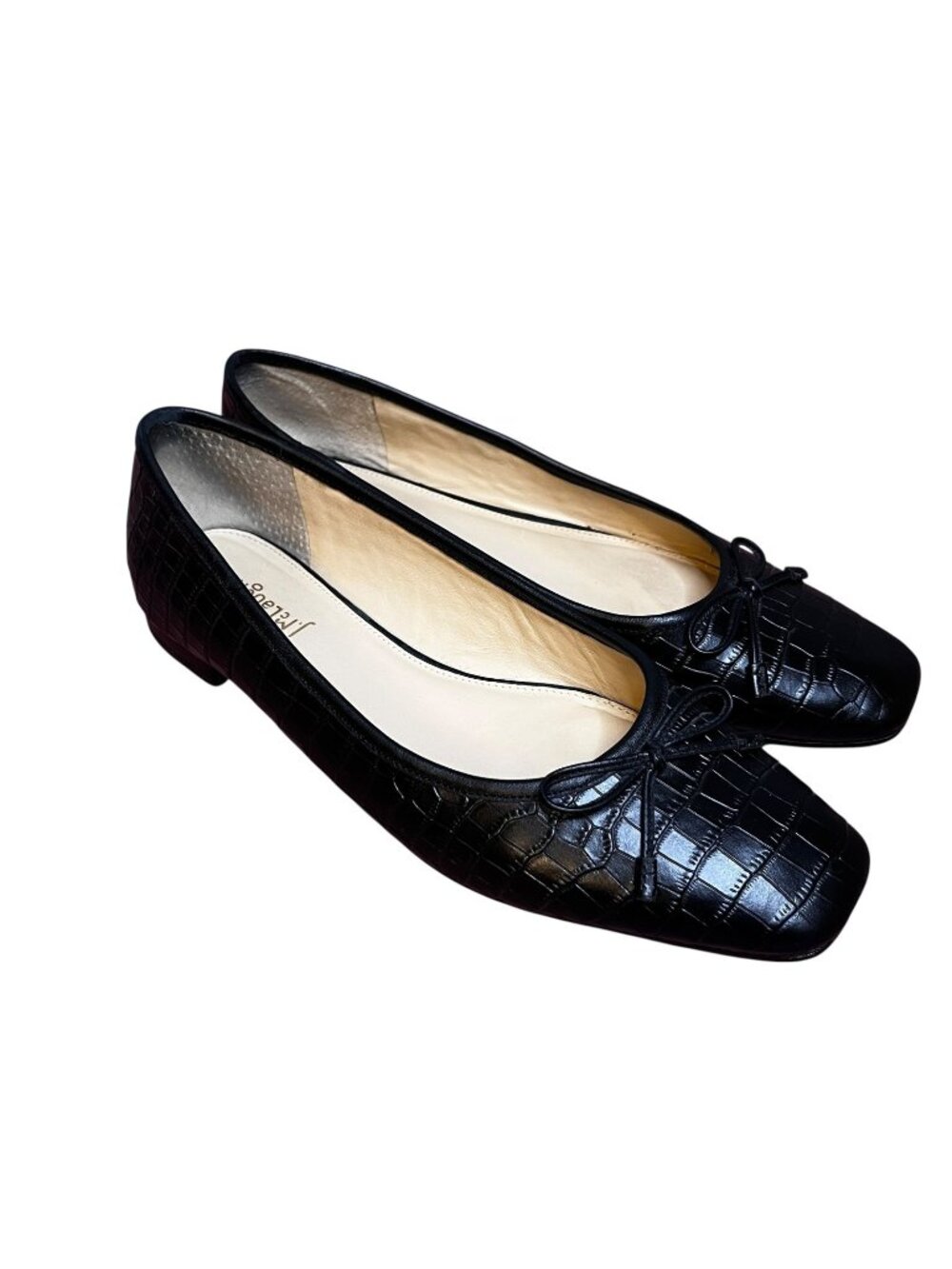 J McLaughlin Shoes Womens Size 9.5 Black Croc Leather Ballet Flats Bow Sq Toe